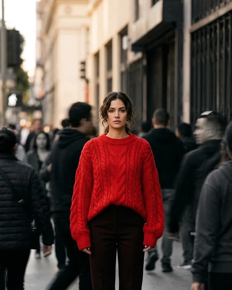 A woman in a scarlet cable-knit sweater standing still on a Los Angeles sidewalk while a crowd dressed in black and grey moves past her