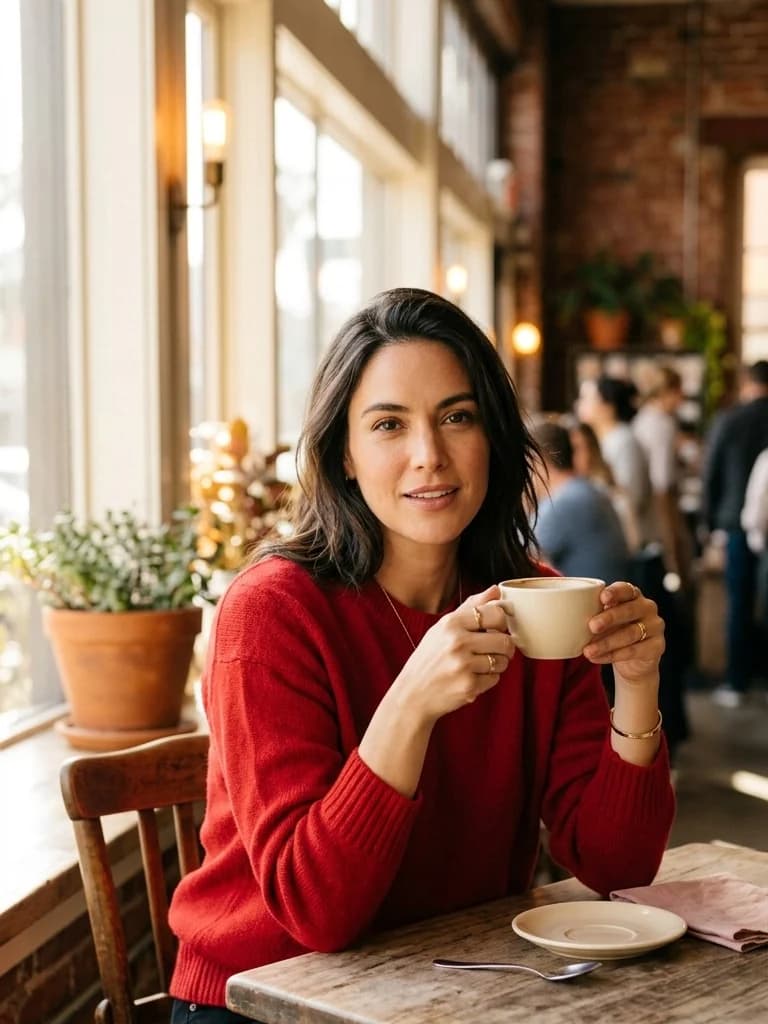 A woman in a soft red knit sweater at a sunlit cafe table, relaxed and unposed