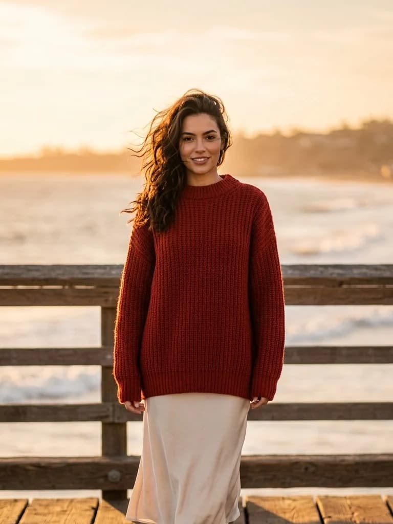 A woman in an oversized rust-red knit sweater on a wooden pier at golden hour, ocean behind her